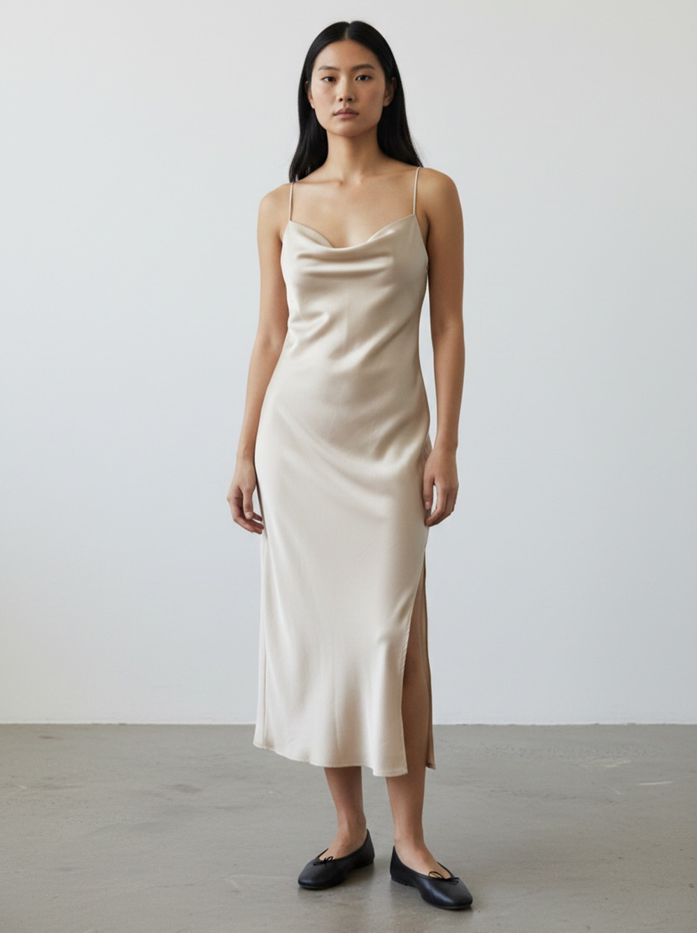 Express Champagne Slip Midi Dress Size Medium Cowl Neck Quiet Luxury